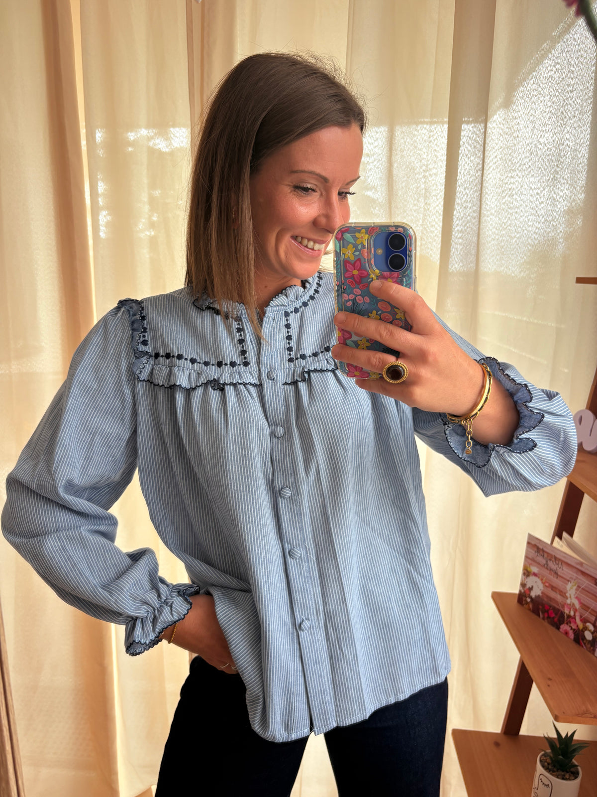 Blouse Rayée Bleue à Broderies Bleu Marine – 100% Coton