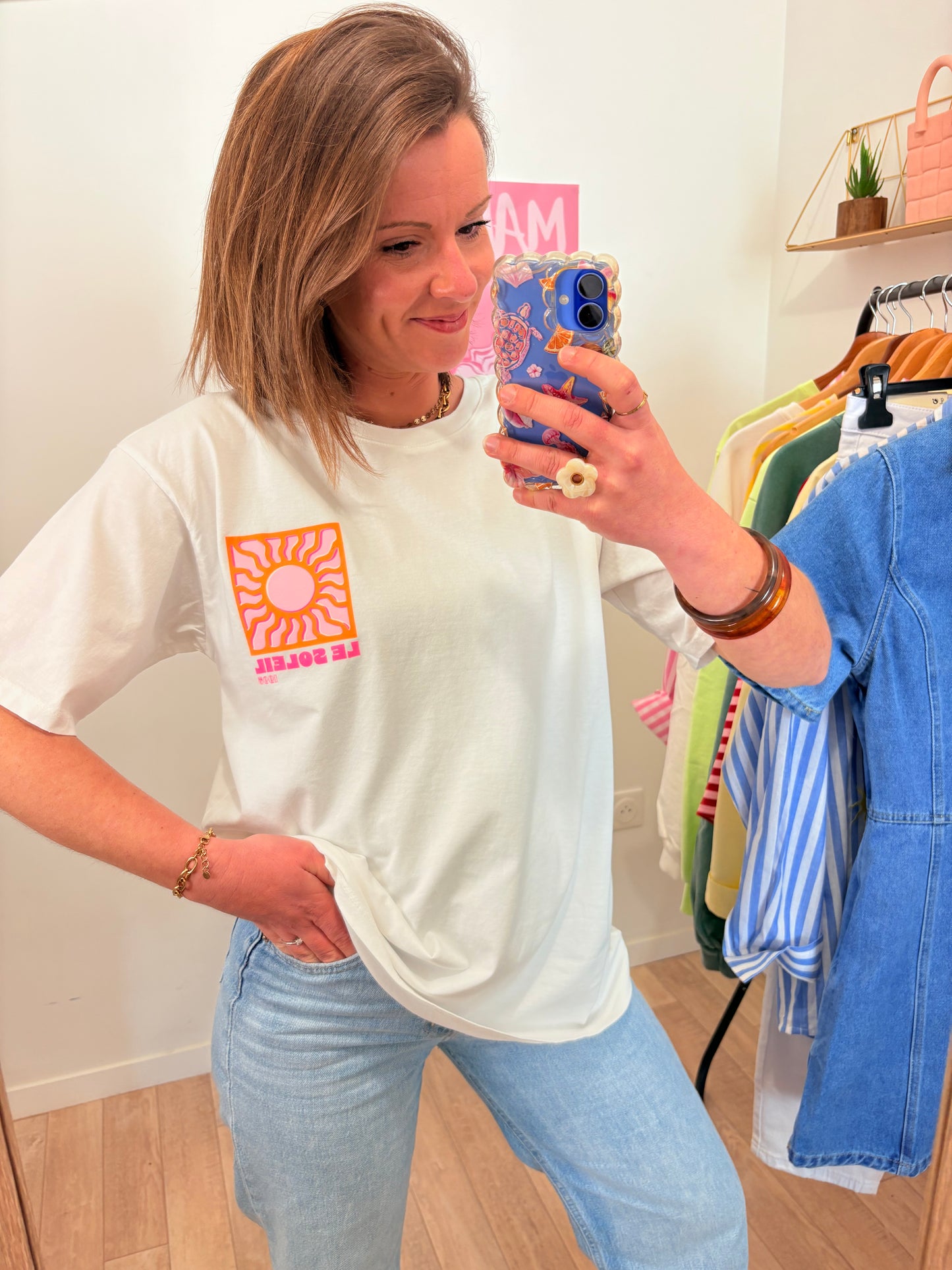 T-shirt "Soleil" Blanc en Pur Coton – Imprimé Rose & Orange & Coupe Loose