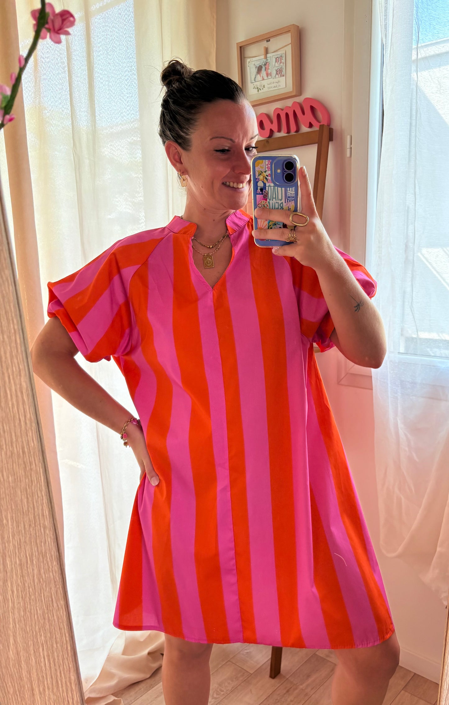 Robe Fluide « Sorbet » – Rayures Rose & Orange