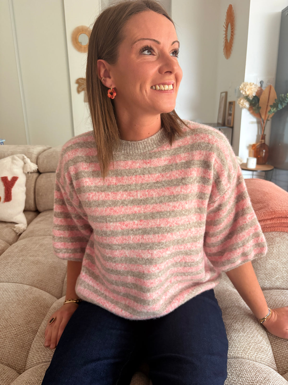 Pull Rayé Rose & Beige – Manches Coudes en Maille Douce (Taille Unique)