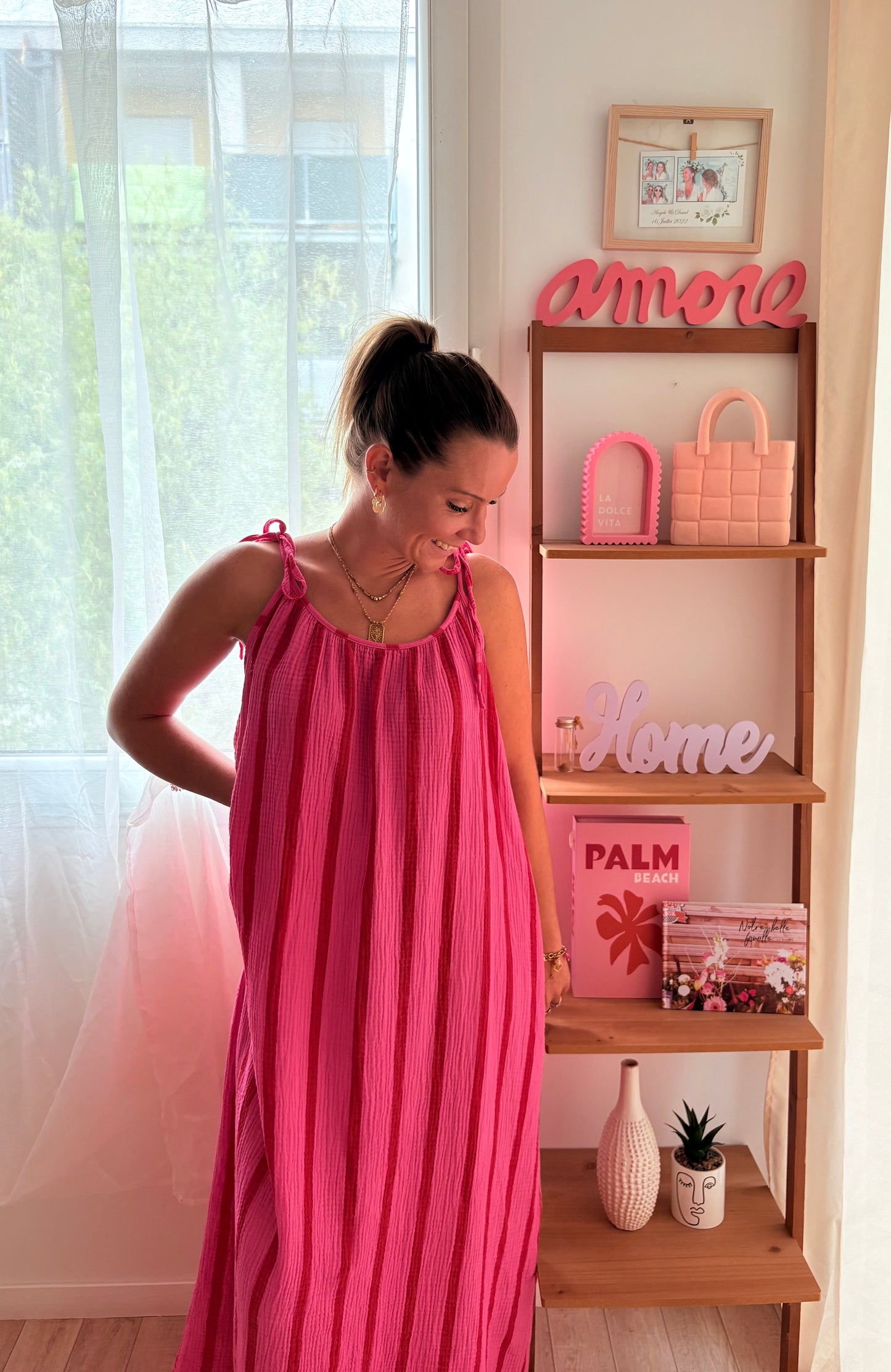 Robe Longue en Gaze de Coton – Rayures Rose & Rouge