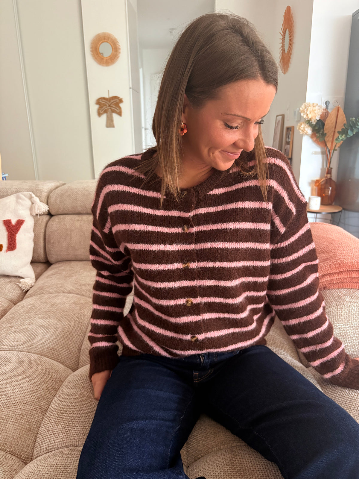 Gilet Rayé Marron & Rose en Maille Recyclée (Taille Unique)
