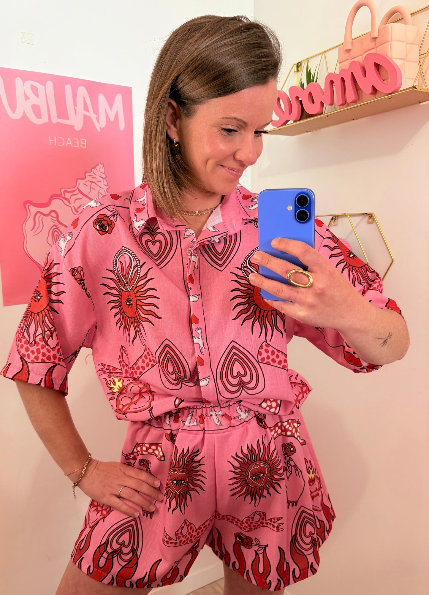Set Chemise & Short Rose à Motifs
