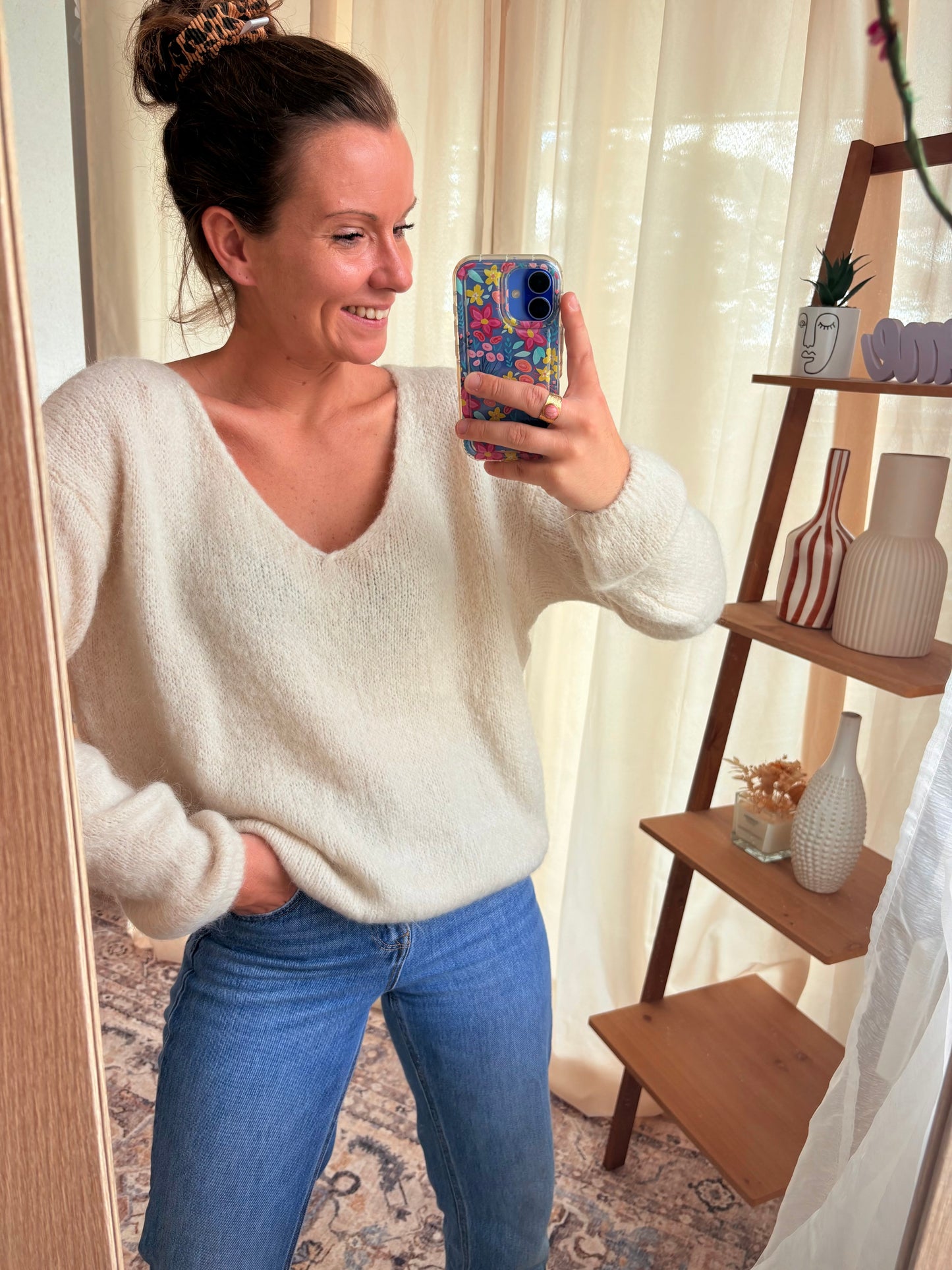 Le Pull Manches Longues Col V Kid Mohair – Écru