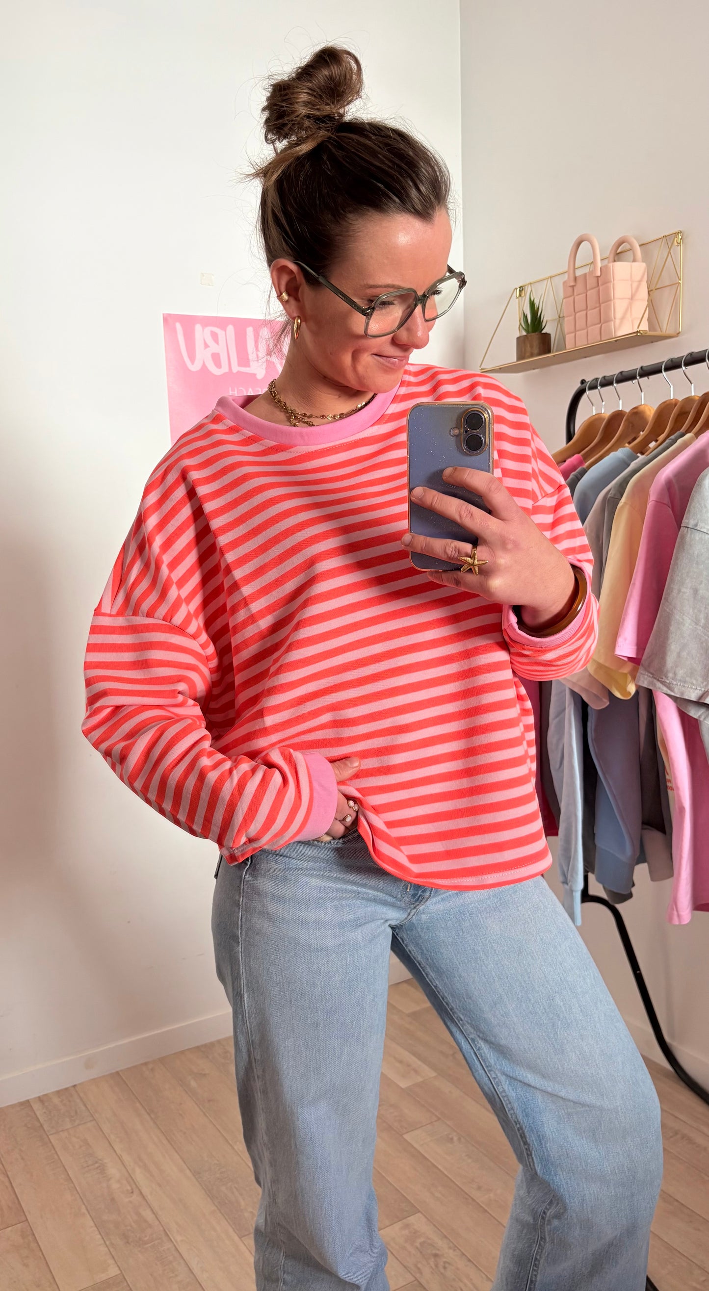 Sweat-shirt à Rayures Rose et Orange Fluo – Look Vitaminé Taille Unique (34 au petit 40)