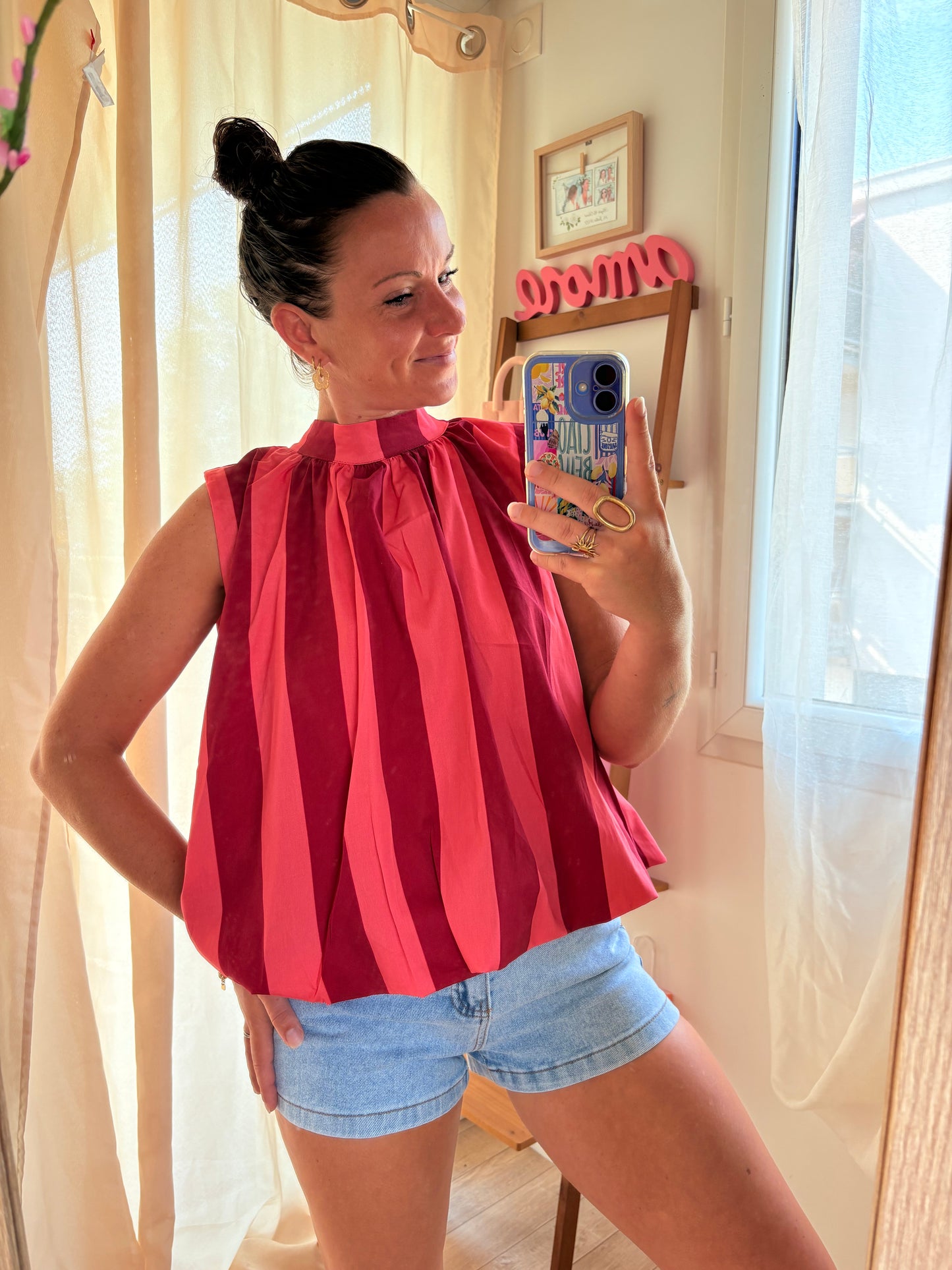 Blouse Dos Nu à Rayures Bordeaux & Rose