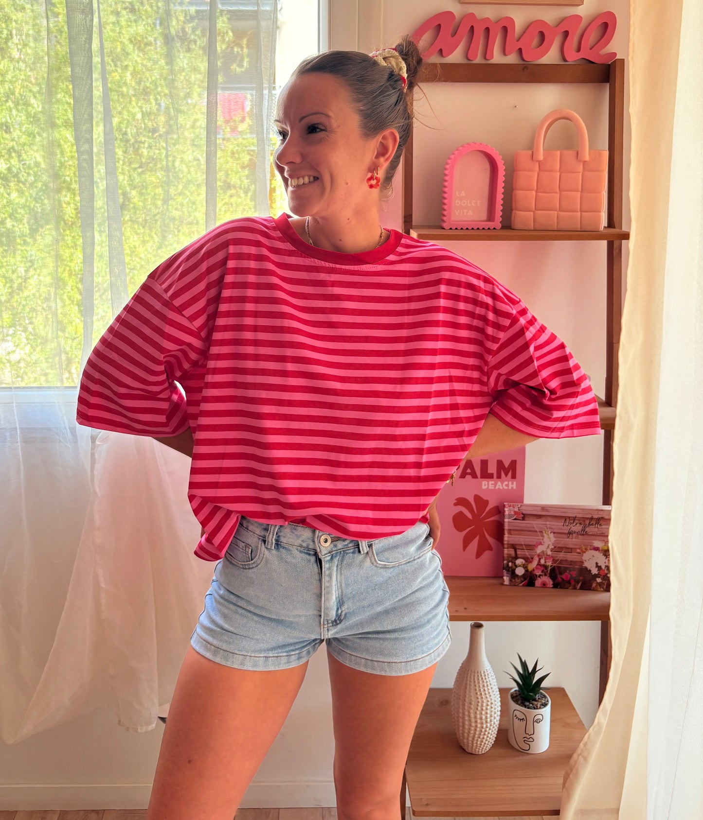 T-shirt marinière rose et rouge