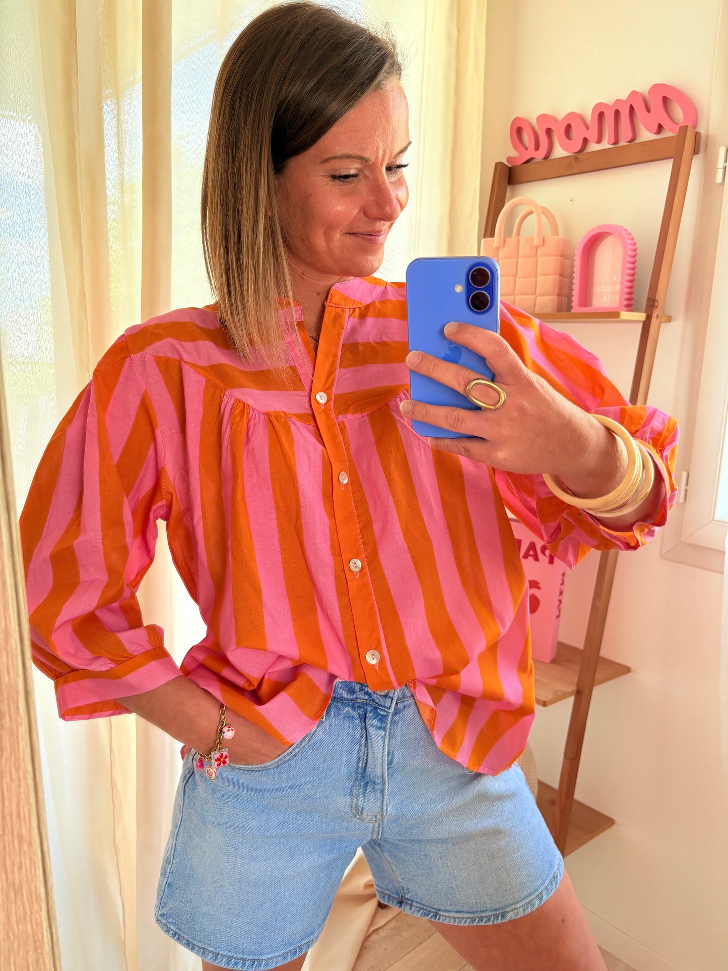 Chemise Légère & Fluide – Rayures Orange & Rose