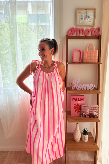 Robe Longue en Gaze de Coton – Rayures Rose & Rose Clair