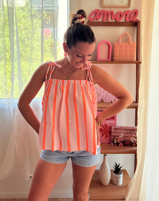 Top bretelle rayée orange et rose