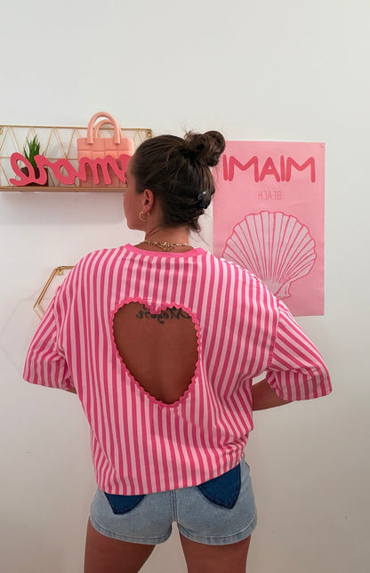 T-shirt Oversize à Rayures Verticales & Dos Cœur – Rose & Rose Clair