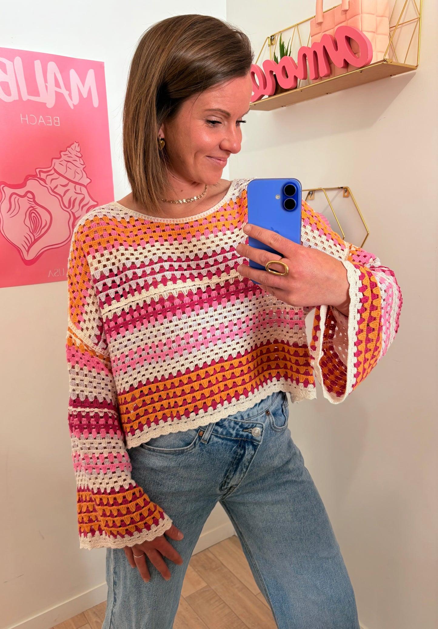 Pull Macramé "Riviera" – Rayures & Manches Évasées