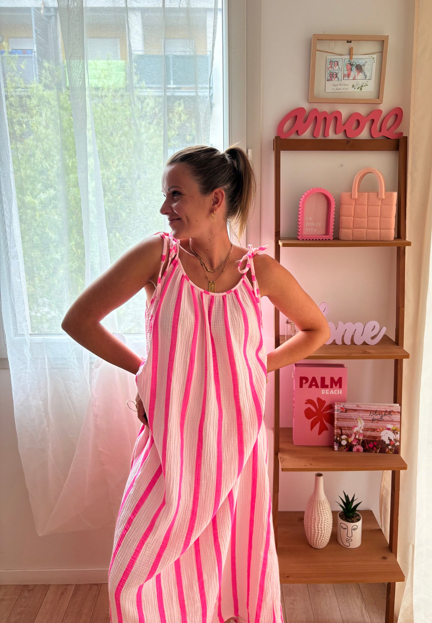 Robe Longue en Gaze de Coton – Rayures Rose & Rose Clair