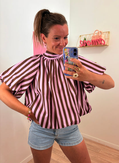 Blouse Dos Nu à Rayures – Rose & Marron