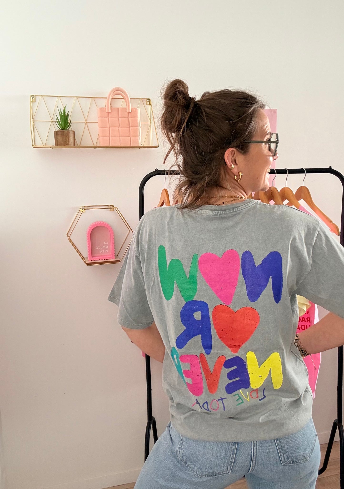 T-shirt Oversize Gris Chiné 100% Coton "NOW OR NEVER" – Taille Unique (34 au petit 42)