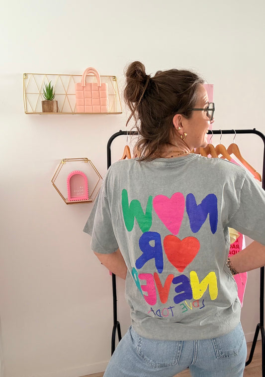 T-shirt Oversize Gris Chiné 100% Coton "NOW OR NEVER" – Taille Unique (34 au petit 42)
