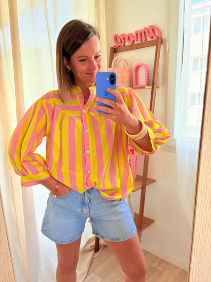 Chemise Légère & Fluide – Rayures Jaune & Rose