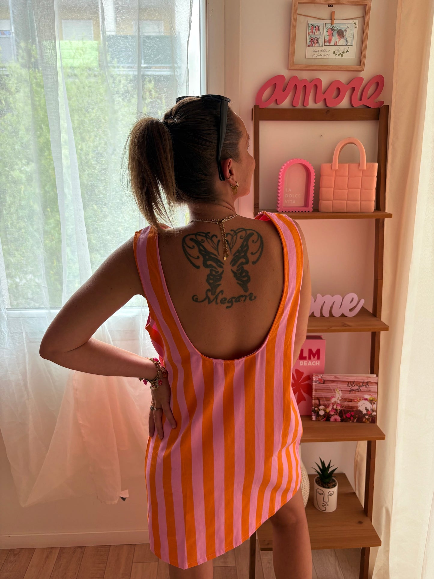 Robe a rayures rose et orange