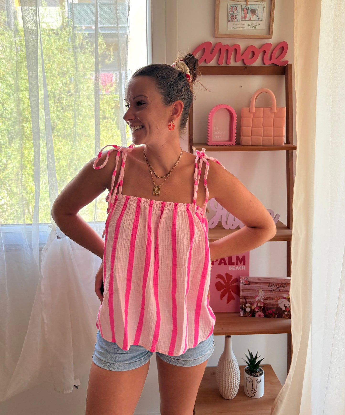 Top à bretelle rayée rose