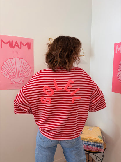 Marinière "Soleil" – Top Rayé Rouge & Rose à Épaules Tombantes