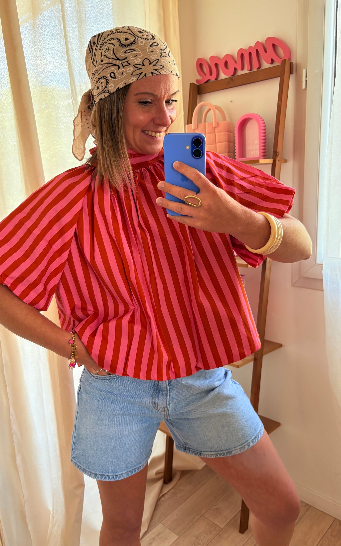 Blouse dos nus à rayures rouille et rose