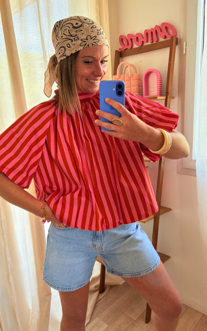 Blouse dos nus à rayures rouille et rose