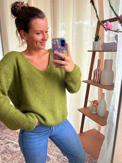 Le Pull Manches Longues Col V Kid Mohair – Olive