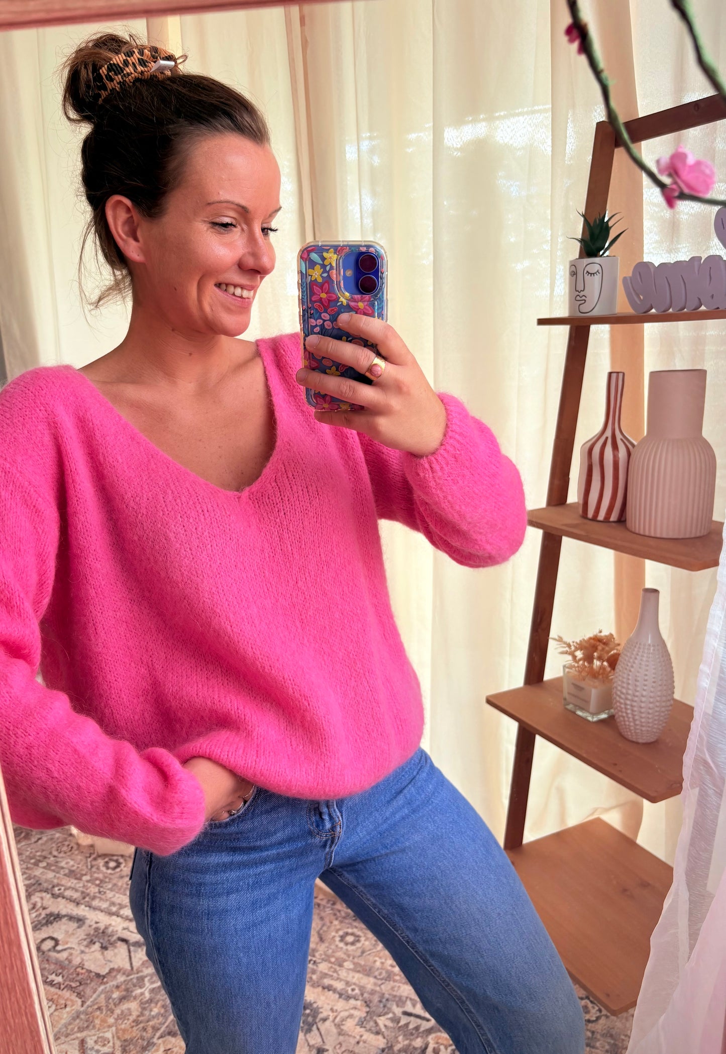 Le Pull Manches Longues Col V Kid Mohair – Rose