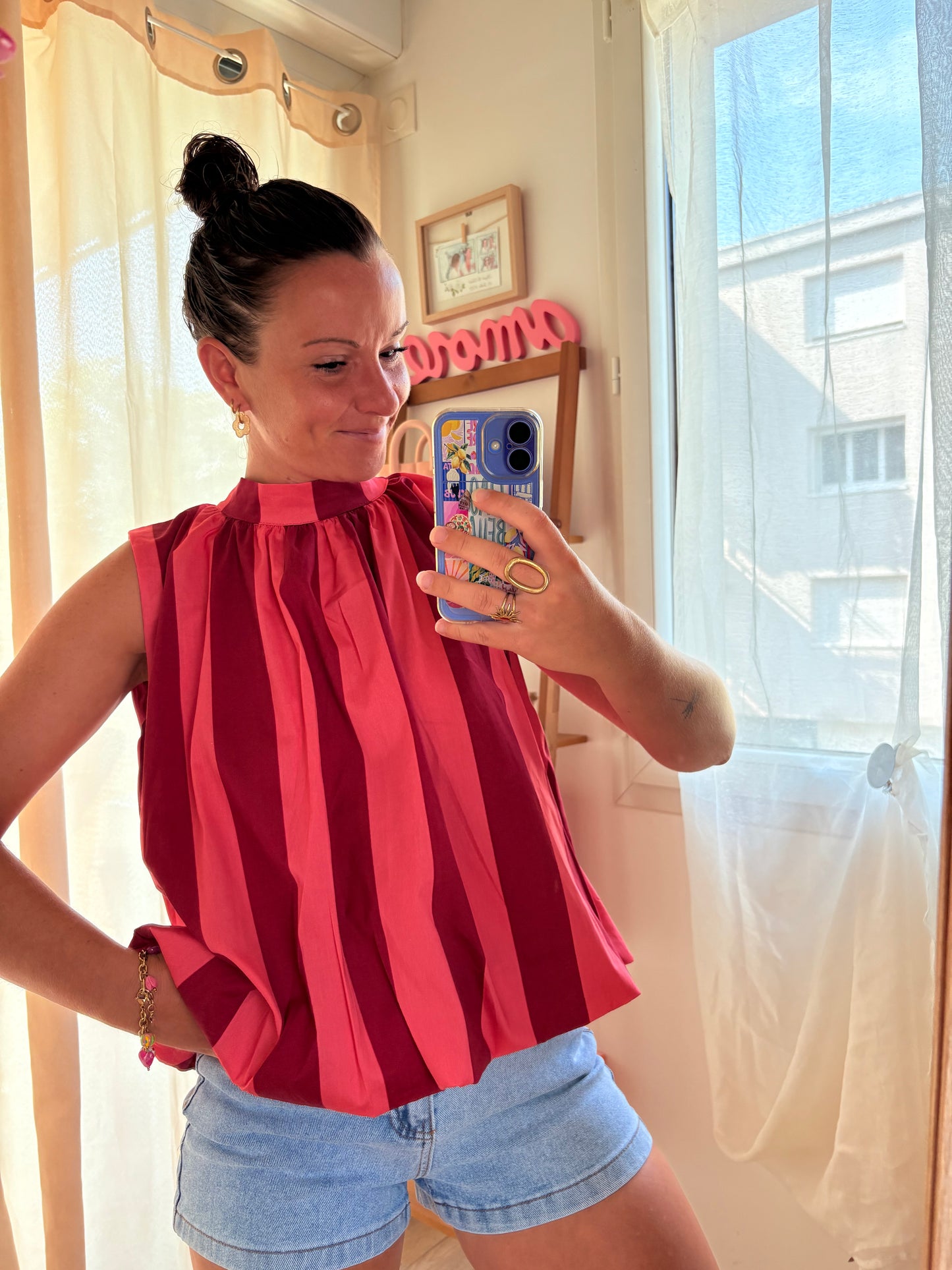 Blouse Dos Nu à Rayures Bordeaux & Rose