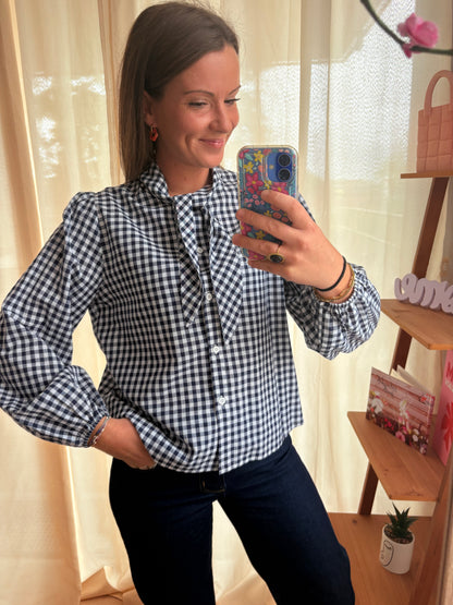 Chemise à Carreaux Vichy Bleu & Blanc – Rubans à Nouer au Cou (S - M - L)