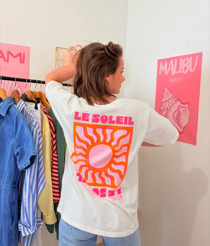 T-shirt "Soleil" Blanc en Pur Coton – Imprimé Rose & Orange & Coupe Loose