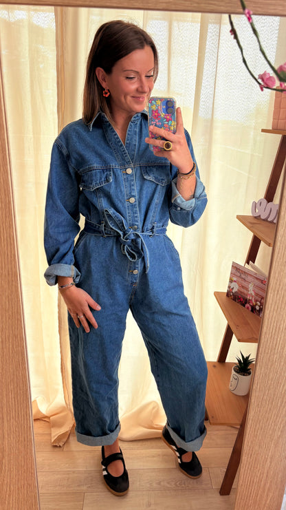 Combinaison en Jean Ceinturée Manches Longues – Coupe Barrel & 100% Coton