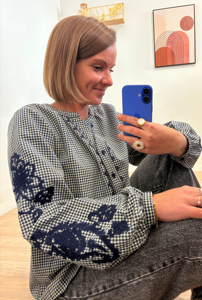 Chemise à Carreaux en Coton Brodé - Bleu Marine & Blanc