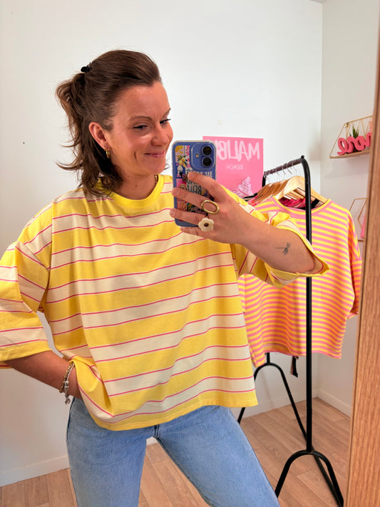 Marinière Loose à Rayures jaune et rose – Dos Ouvert avec Nœud – 100% Coton