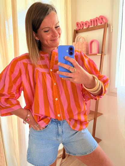Chemise Légère & Fluide – Rayures Orange & Rose