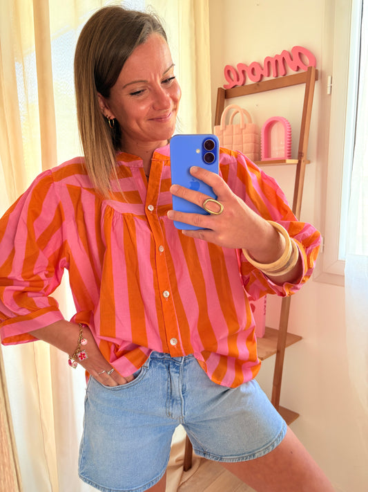 Chemise Légère & Fluide – Rayures Orange & Rose