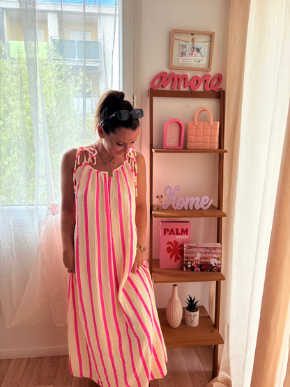 Robe Longue en Gaze de Coton – Rayures Jaune & Rose