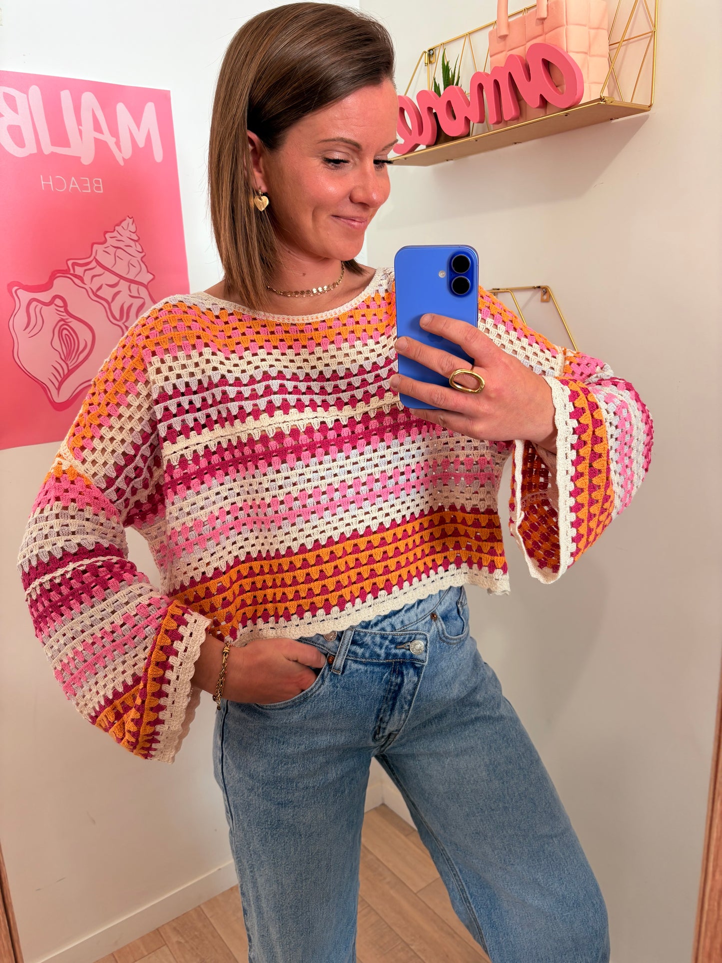 Pull Macramé "Riviera" – Rayures & Manches Évasées