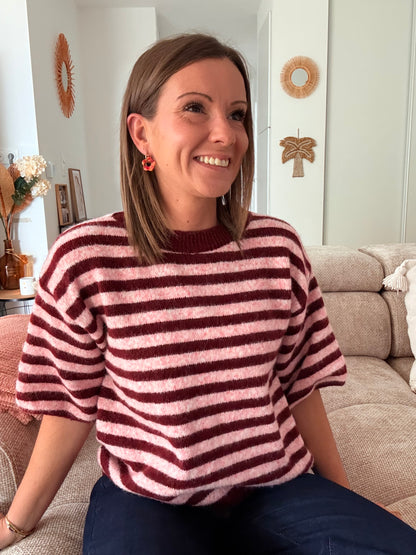 Pull Rayé Rose & Bordeaux – Manches Coudes en Maille Douce (Taille Unique)