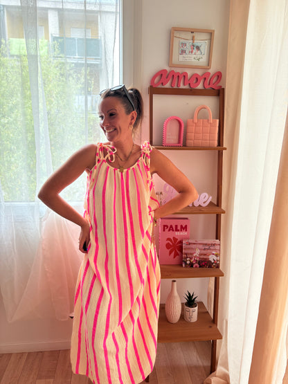 Robe Longue en Gaze de Coton – Rayures Jaune & Rose