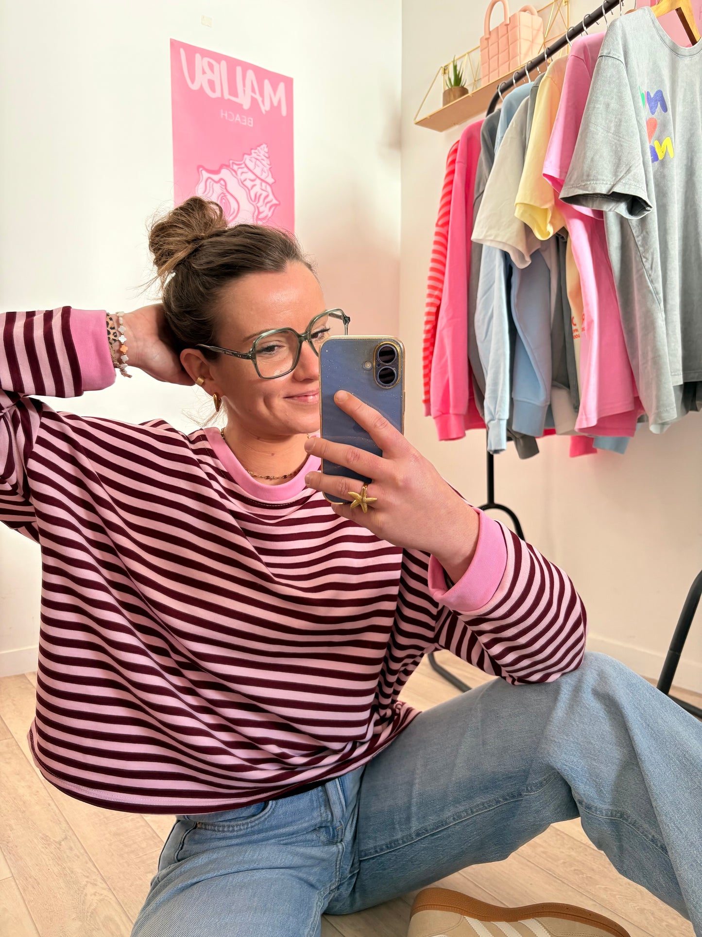 Sweat-shirt à Rayures Bordeaux et Rose – Coupe Confort Taille Unique (34 au petit 40)