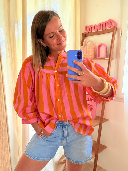 Chemise Légère & Fluide – Rayures Orange & Rose