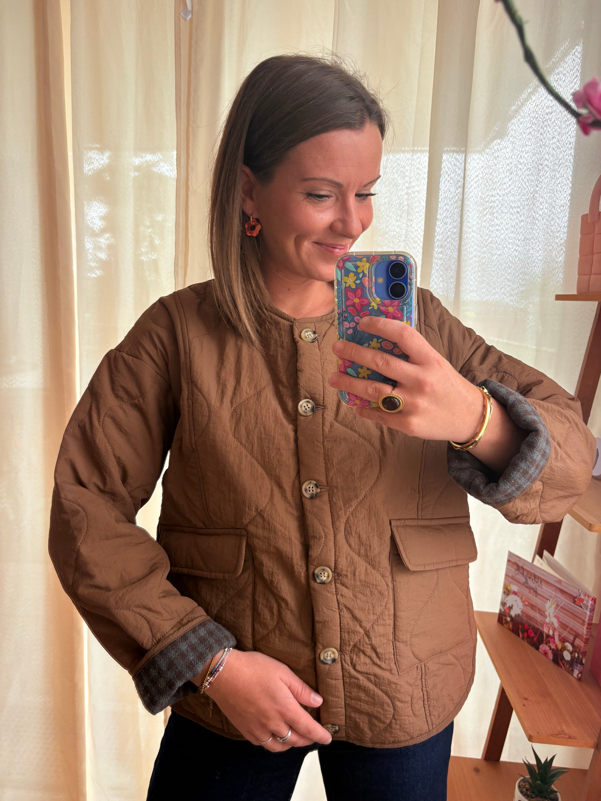 Veste Automnale Camel à Revers Vichy