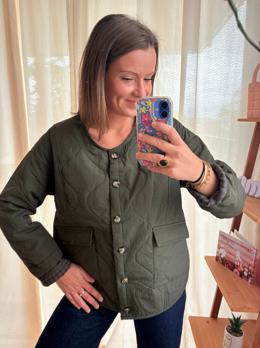 Veste Automnale Kaki à Revers Vichy