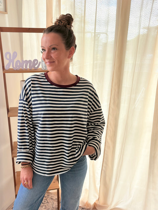 Marinière Gigi bleu/blanche col bordeaux