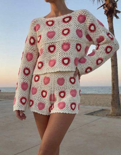 ❤️ Pull en Macramé "Cœurs Passion" – Rose & Rouge