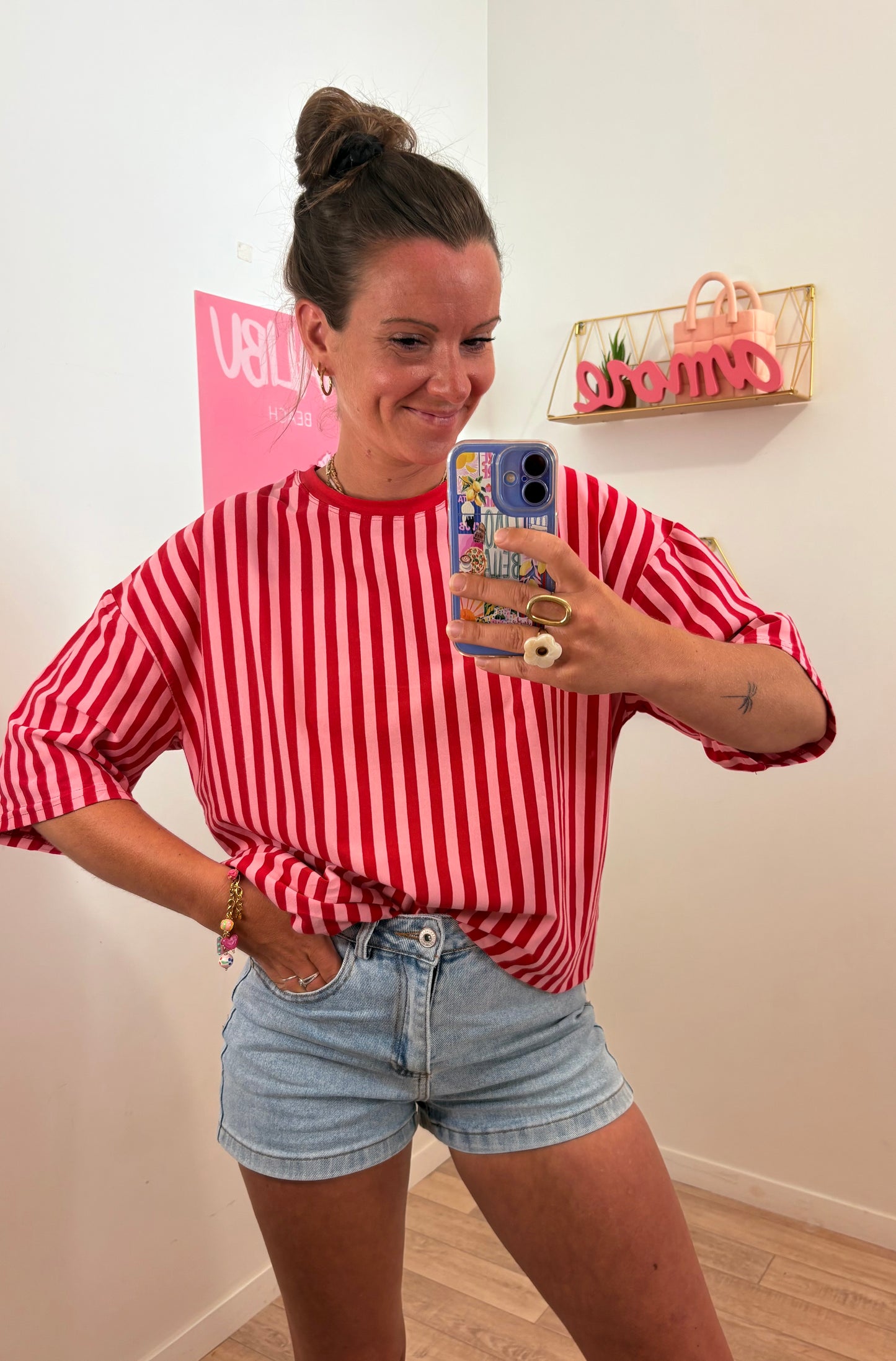 T-shirt Oversize à Rayures Verticales & Dos Cœur – Rose & Rouge