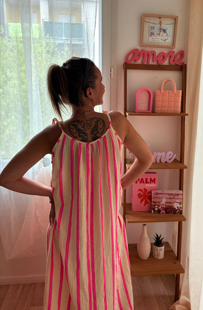 Robe Longue en Gaze de Coton – Rayures Jaune & Rose