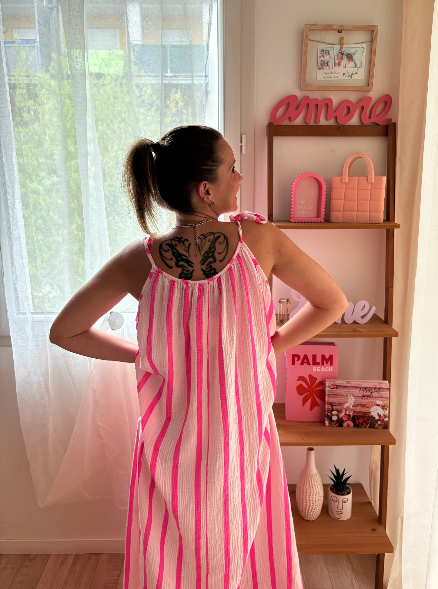 Robe Longue en Gaze de Coton – Rayures Rose & Rose Clair