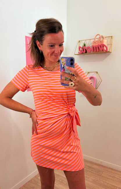 Robe Courte Portefeuille à Rayures – Orange & Rose Clair